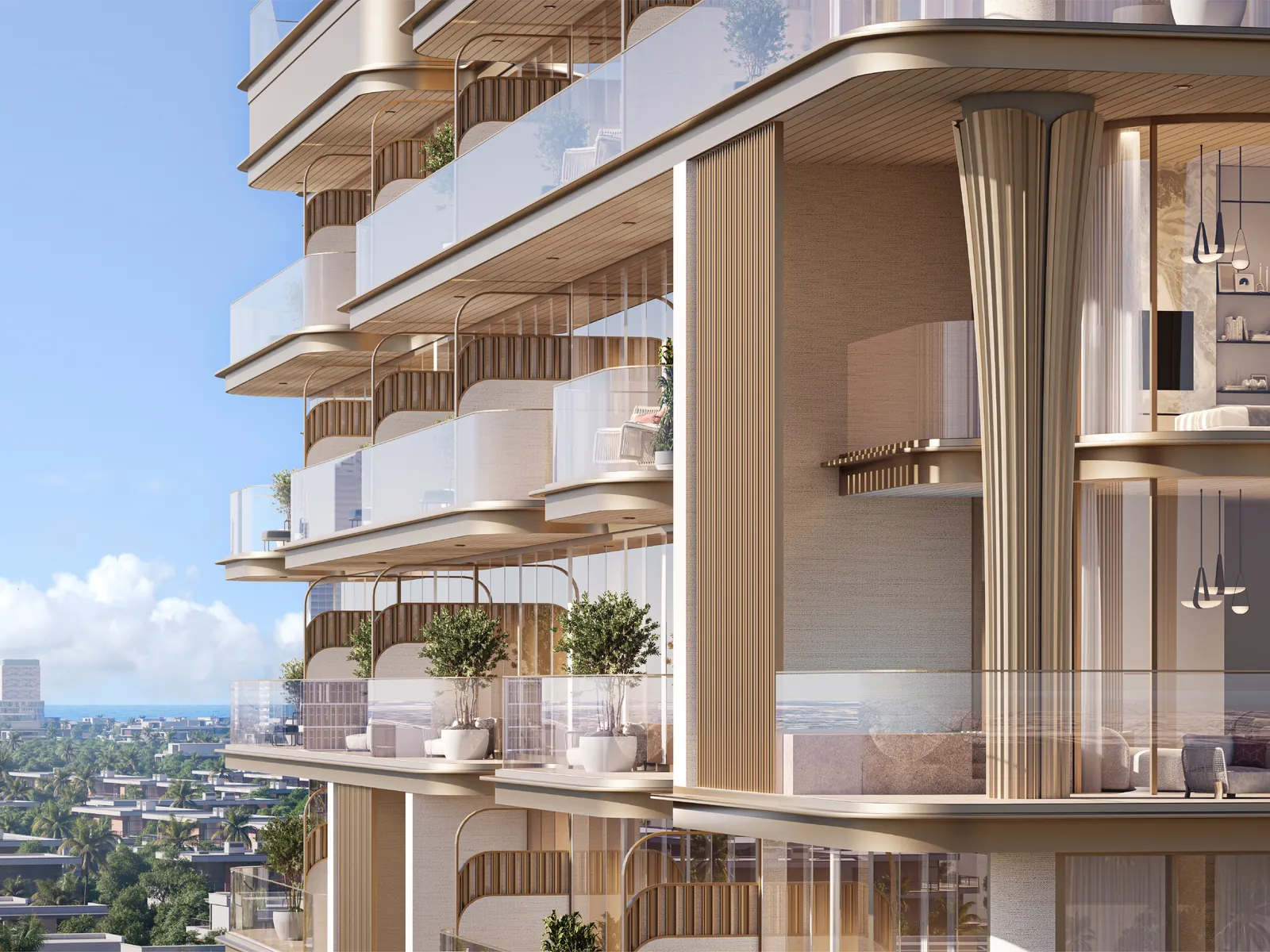 113 Residences, Fassade mit Terrassen und Blick Richtung Küste