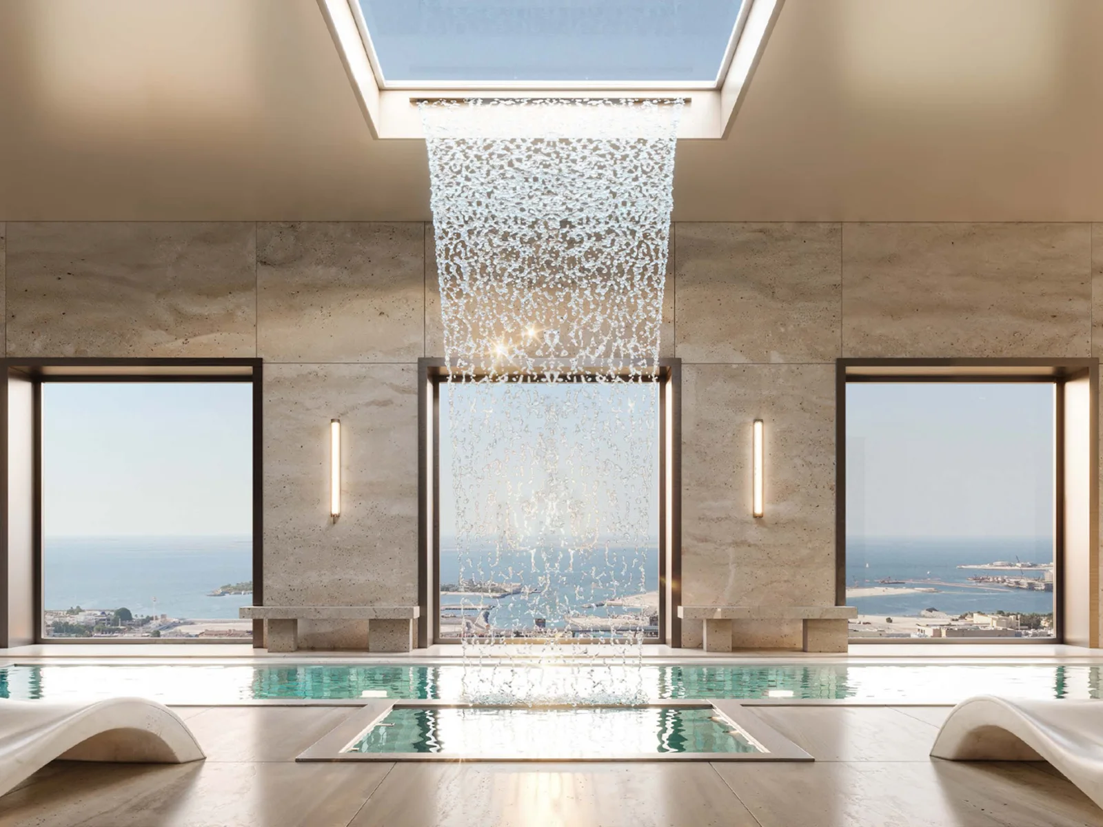 AHS Tower, Indoor-Pool im Wellness Centre mit Meerblick