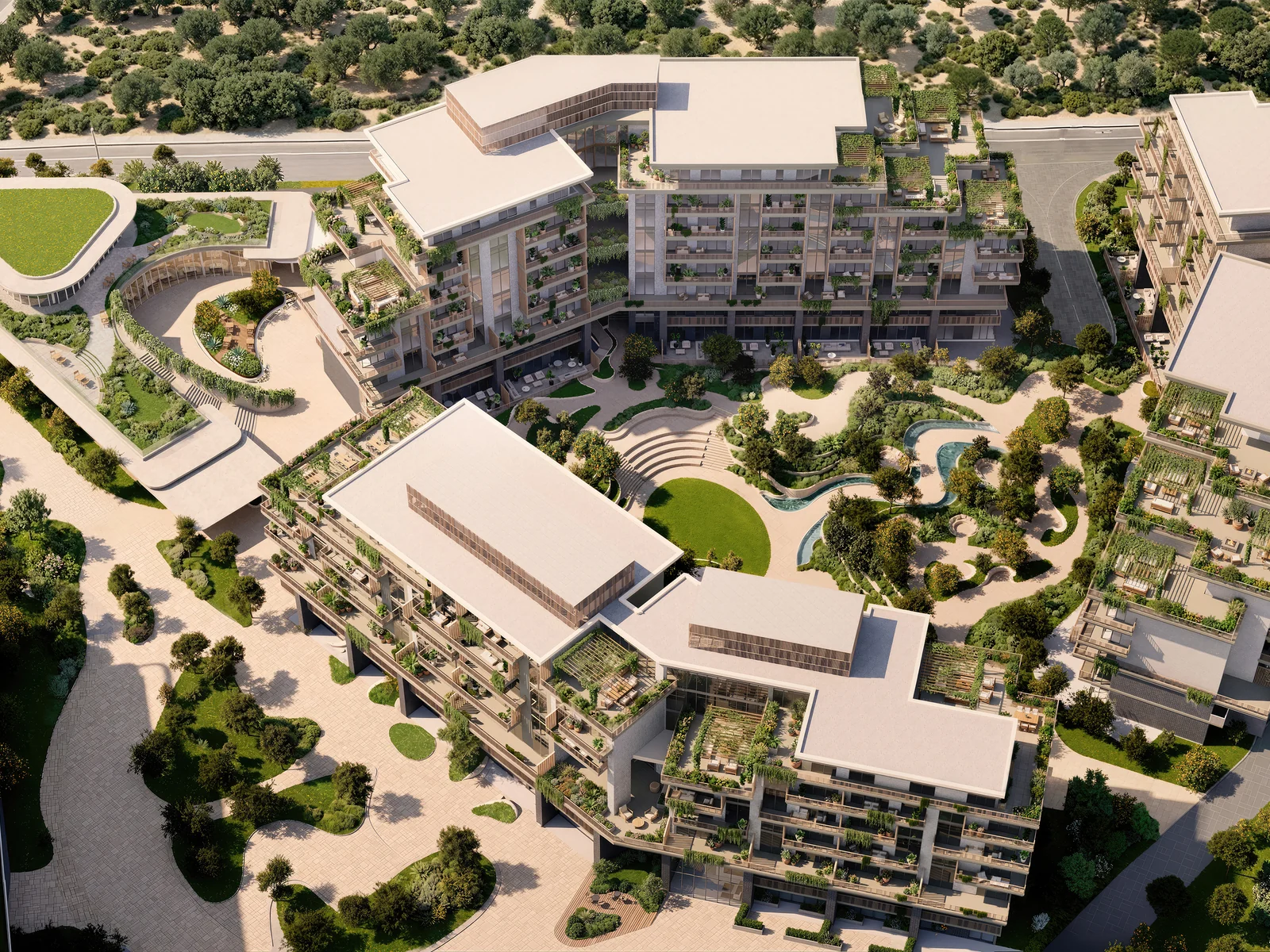 Arancia Yards, Luftaufnahme des Low-Rise-Ensembles mit begr&uuml;nten Courtyards in City of Arabia