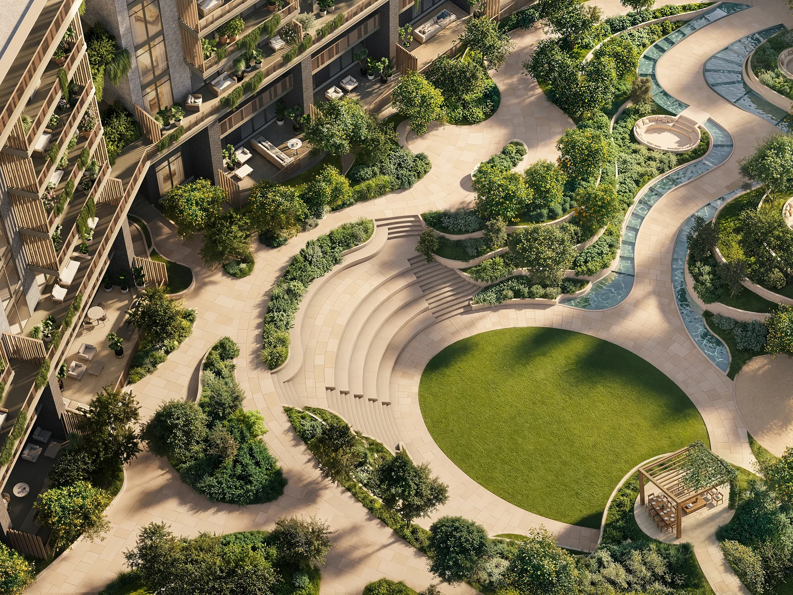 Arancia Yards, begr&uuml;nter Sunken Courtyard mit Wasserfl&auml;che und Green Spine