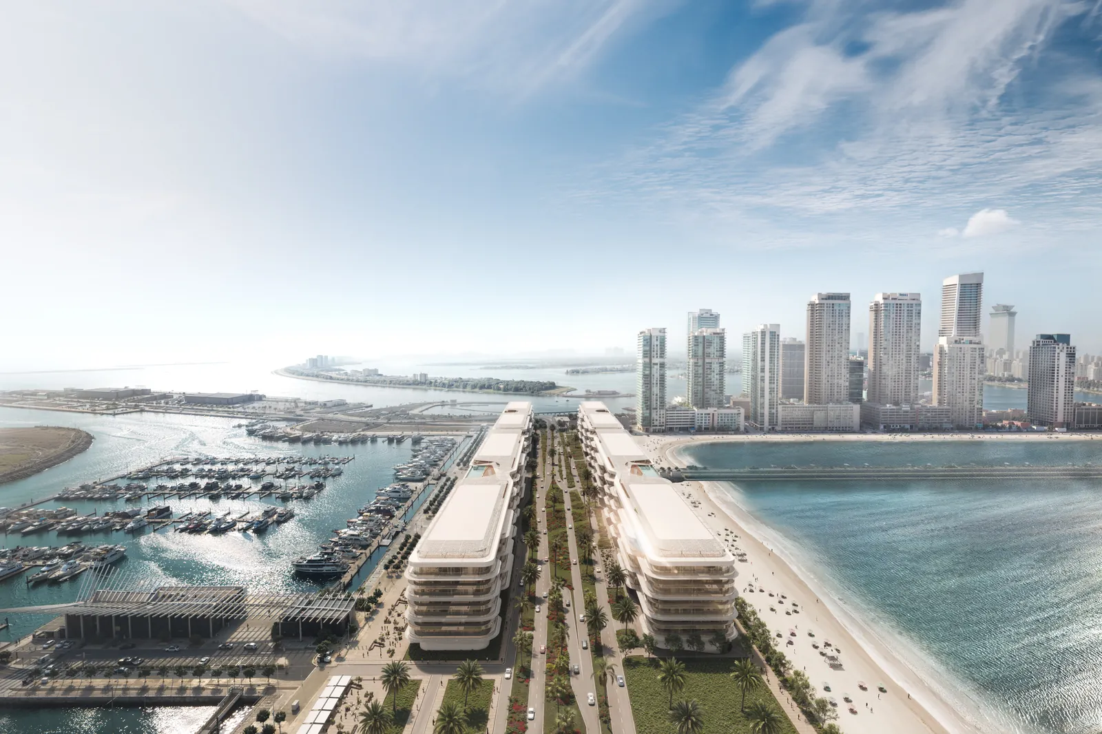 Dubai Harbour Residences zwischen Marina und Strand, Luftansicht