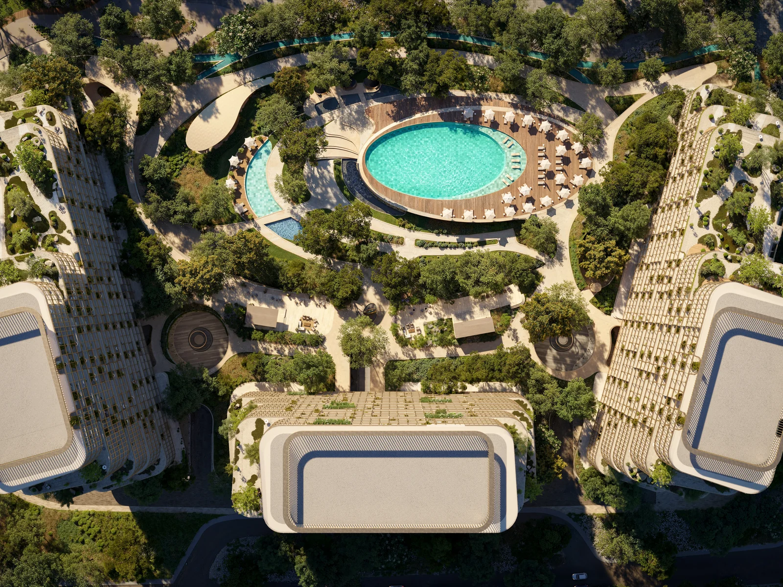 Hado, Luftbild des Siora-Masterplans auf Dubai Islands mit Pools und T&uuml;rmen