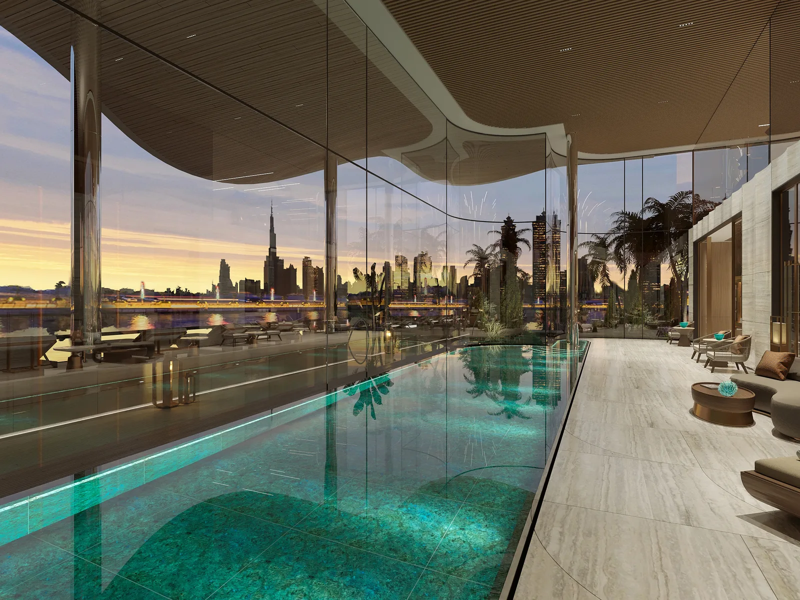One Canal, Pool-Ebene mit Blick auf die Dubai-Skyline