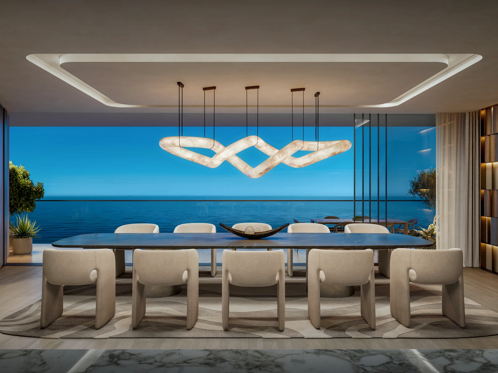Soulever, Penthouse-Essbereich mit Blick auf die Bucht