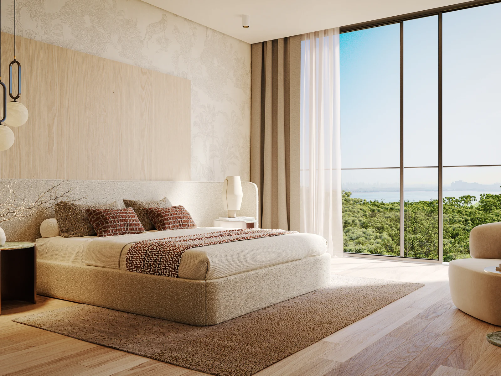 Talea, Master-Schlafzimmer mit bodentiefen Fenstern und Grünblick