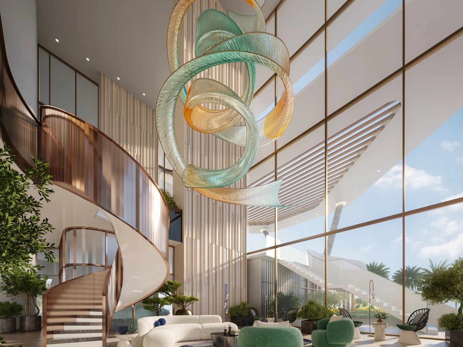 The Mural, Lobby mit Skulptur und geschwungener Treppe