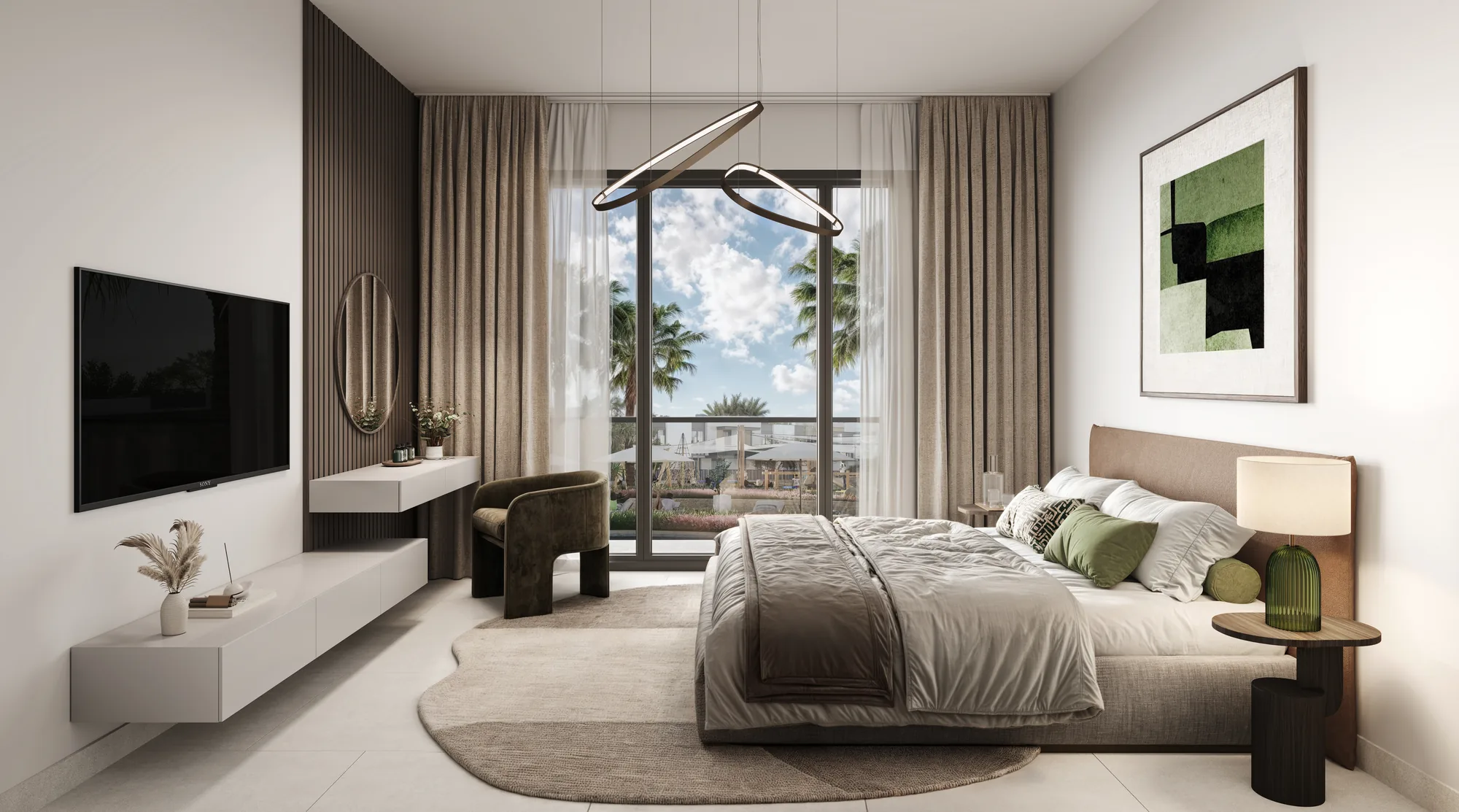 The Wilds Residences, Schlafzimmer in warmen, dunklen Tönen